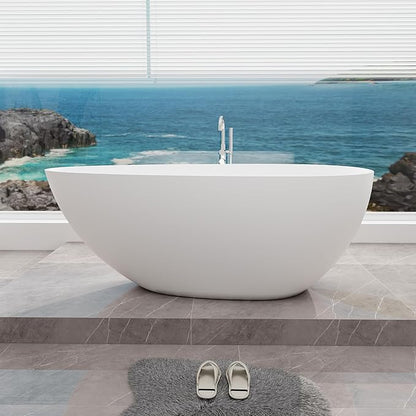 Premium 59" Solid Surface Freestanding Bathtub, Upgraded Oval Stone Resin Egg ShapeTub with Overflow and Pop-up Drain, Matte White