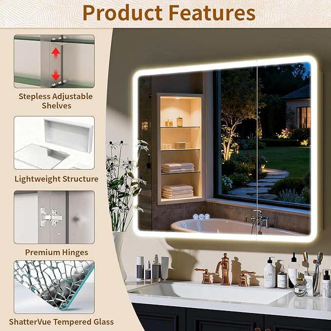BEAUTYPEAK 36 x 32 LED Bathroom Medicine Cabinet Mirror, Adjustable Shelves, Silver Aluminum Cabinet, Anti-Fog Stepless Dimmable 3 Colors White/Natural/Warm, Easy to Install(Wall Mount/Recessed)