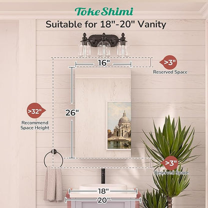 TokeShimi 16x26 Farmhouse Medicine Cabinet Recessed or Surface Mount Aluminum, Tempered Mirror with Adjustable Storage, White Bathroom Mirror Medicine Cabinet Frameless Metal Modern