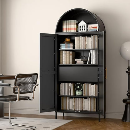 73'' Tall Metal Arched Cabinet, Modern Black Arch Bookshelf Display Cabinet with Doors/Shelves/Internal Drawers for Home Office Kitchen Bar Living Room