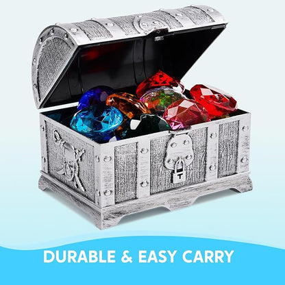 Sloosh Diving Gems Pool Toys,16 Big Colorful Diamond with Pirate Treasure Chest,Swim Dive Toy for Kids Underwater Gemstone Swimming Training Gift Water Toys Pool Games(Silver)