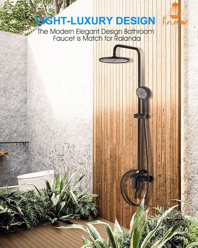Outdoor Shower Fixture,3 Functions Handle Tub Rainfall Shower Faucet Sets with Dial Thermometer Brass Valve, Exposed Shower System with 10'' Rainfall Shower Head Adjustable (Matte Black)
