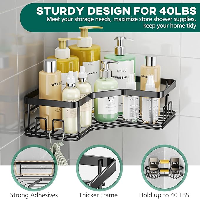 MAXIFFE 5 Pack X-Large Corner Shower Caddy, with Soap Holder and Toothbrush Holder, Large Capacity No Drilling Stainless Steel Hold 40 LB Shower Organizer Shelf Rack for Family Renter Bathroom, Black