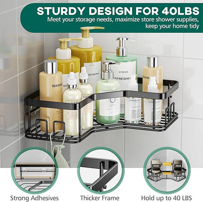 MAXIFFE 5 Pack X-Large Corner Shower Caddy, with Soap Holder and Toothbrush Holder, Large Capacity No Drilling Stainless Steel Hold 40 LB Shower Organizer Shelf Rack for Family Renter Bathroom, Black