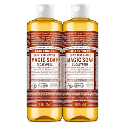Dr. Bronner's Magic Soap - Pure-Castile Liquid Soap (Eucalyptus, 16 ounce, 2-Pack) -Regenerative Organic Certified Oils, 18-in-1 Uses: Body, Hair, Laundry, Pets & Dishes, Concentrated, Vegan, Non-GMO
