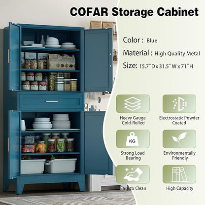 COFaR Farmhouse Storage Kitchen Pantry Cabinet with 4 Barn Door, 4 Adjustable Shelves, Drawer and Legs, for Cupboard/Dining Room/Bathroom/Living Room/Office/Laundry Room(Blue Green, 71" Metal Cabinet)
