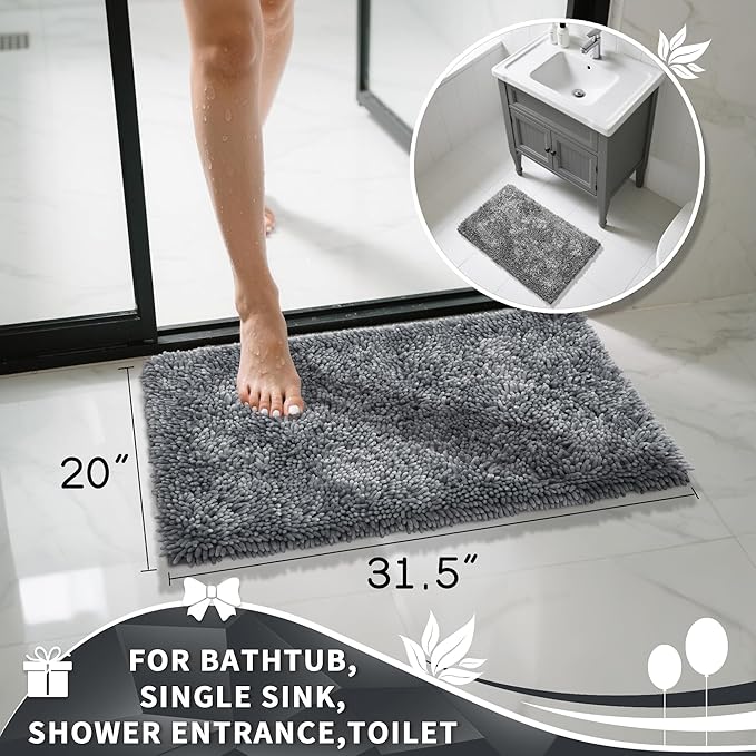 Yimobra Chenille Bathroom Rugs Non Slip, Extra Thick Soft Absorbent Bath Rug 31.5x20 Inch, Machine Washable Quick Dry Bath Mat for Bathroom Floor, Tub and Shower, Home Decor Accessories, Silver