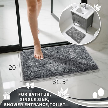 Yimobra Chenille Bathroom Rugs Non Slip, Extra Thick Soft Absorbent Bath Rug 31.5x20 Inch, Machine Washable Quick Dry Bath Mat for Bathroom Floor, Tub and Shower, Home Decor Accessories, Silver