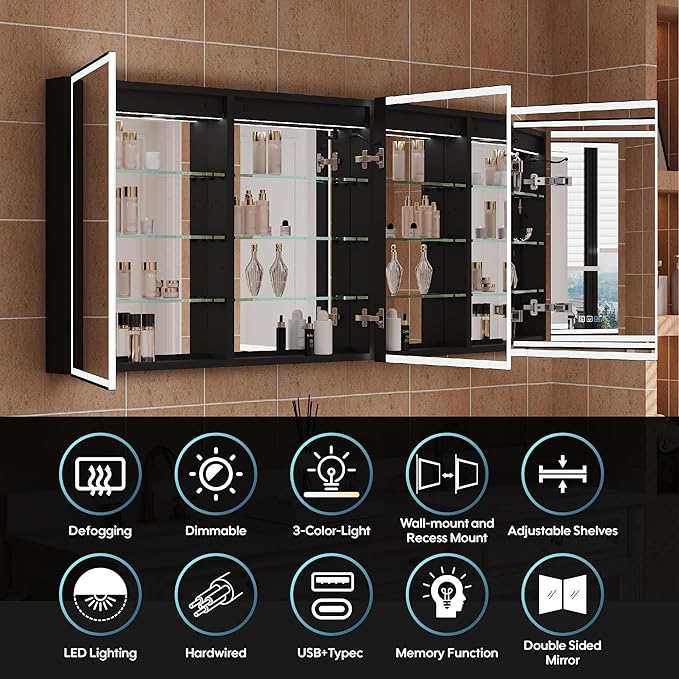 WELLFOR 60" X 30" LED Mirrored Medicine Cabinet, Medicine Cabinets with Lights for Bathroom, Defogging Function Mirror Cabinet, Bathroom Medicine Cabinet with USB Port & Outlet, Three Opening Doors