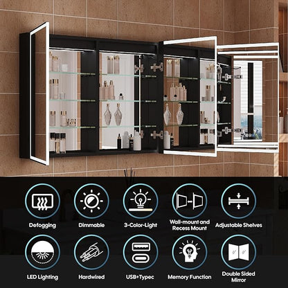 WELLFOR 60" X 30" LED Mirrored Medicine Cabinet, Medicine Cabinets with Lights for Bathroom, Defogging Function Mirror Cabinet, Bathroom Medicine Cabinet with USB Port & Outlet, Three Opening Doors