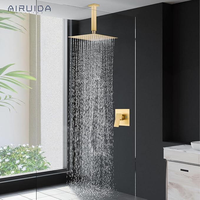 Airuida Shower Faucet Set and Handle Set Single Function Shower Trim Kit Ceiling Mount Rainfall Shower System with Male Threads and Rough-in Valve 12 Inch Square Shower Head Brushed Gold
