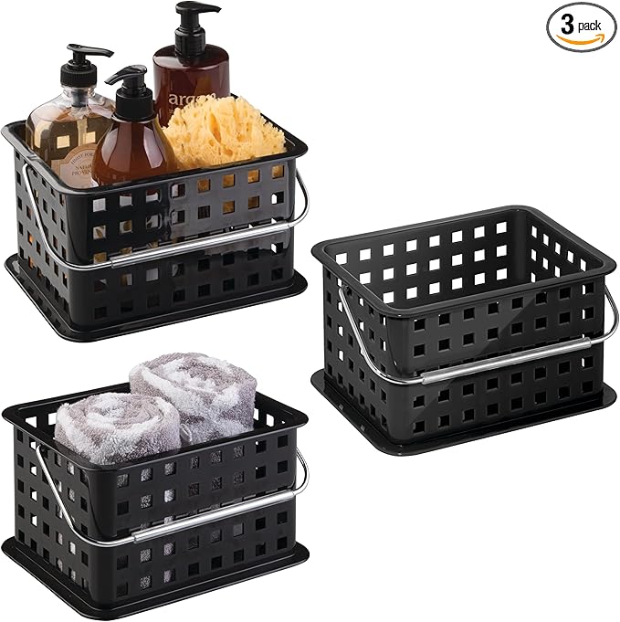 iDesign Stackable Shower Basket with Handle for Dorm or Bathroom - Set of 3 - Black - Made in USA