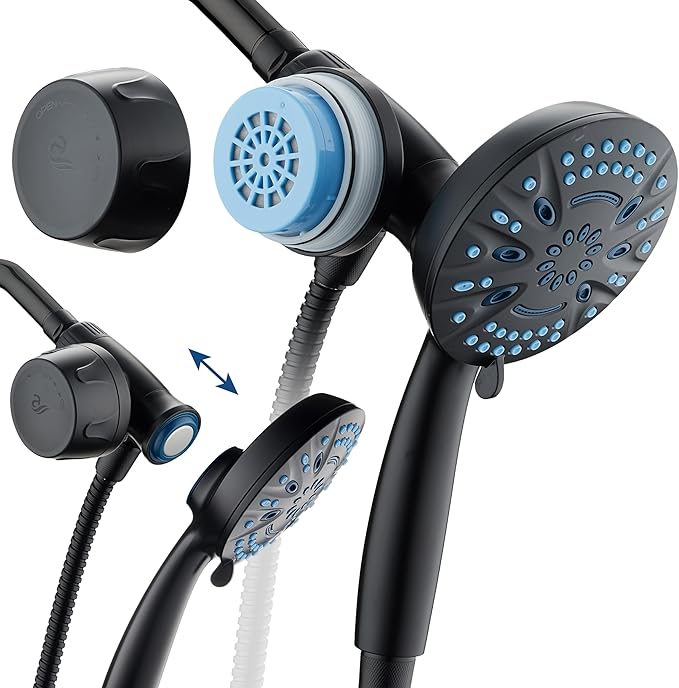 AquaCare Magneton 8-setting Magnetic Docking Hand Shower with Built-in Shower Filter - ON/OFF Filtration Modes, Instant Cartridge Reload, Stay-Clean KDF Cartridge, 6 ft. Steel Hose, Matte Black