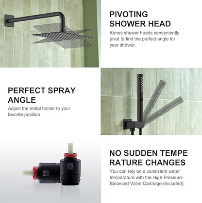 KENES Matte Black Rainfall Bathroom Shower System Rain Shower Head and Handle Set, Shower Faucet Set with 10-Inch Rain Showerhead and Handheld Spray, (Shower Valve Included), LJ-6026A-2