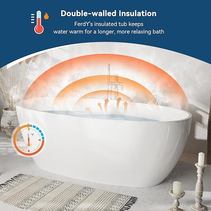 FerdY Tahiti 67" Freestanding Bathtub Elegant Oval Shape, Glossy White Double Walled Insulation bathtub with Center Polished White Drain & Overflow, cUPC Certified