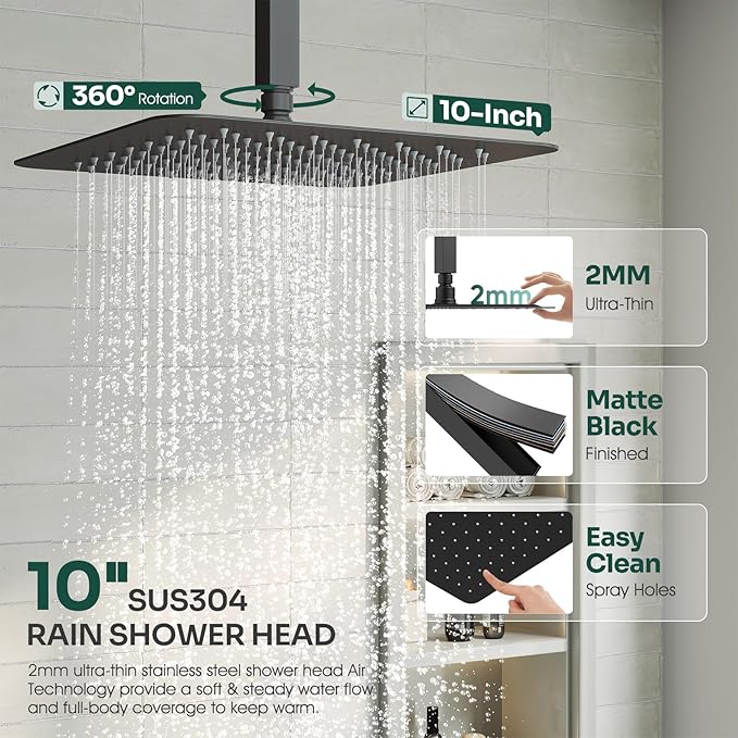 Ceiling Mount Shower Faucet Set, Black Shower System with 10-Inch Rain Showerhead and Handheld Spray Combo, High-Pressure Showerheads Set with Valve and Trim Kit, Matte Black