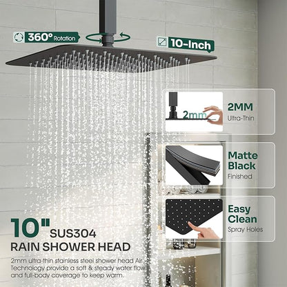 Ceiling Mount Shower Faucet Set, Black Shower System with 10-Inch Rain Showerhead and Handheld Spray Combo, High-Pressure Showerheads Set with Valve and Trim Kit, Matte Black