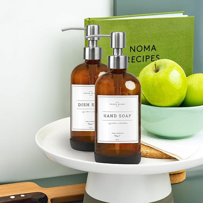 Vine Creations Amber Glass Soap Dispenser, 2 Pack Kitchen Soap Dispenser Set with Stainless Steel Pump, 16 oz Hand Soap or Dish Soap for Bathroom or Kitchen with Waterproof Labels