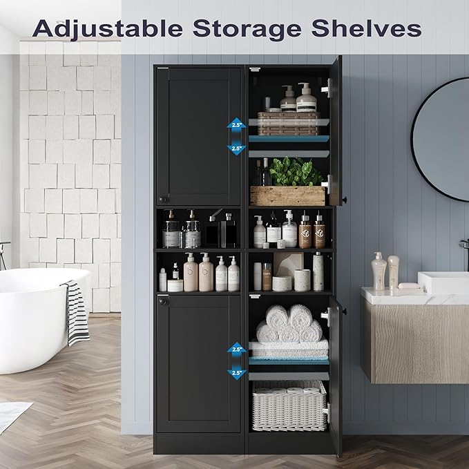 67" Tall Bathroom Cabinet with 2 Doors, Narrow Freestanding Floor Cabinet, Slim Storage Unit with Adjustable Shelves for Bathroom, Living Room, Entryway, Kitchen, Black