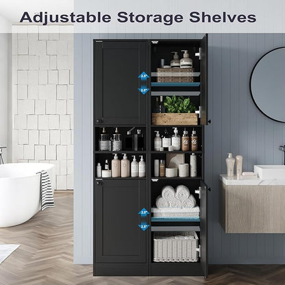 67" Tall Bathroom Cabinet with 2 Doors, Narrow Freestanding Floor Cabinet, Slim Storage Unit with Adjustable Shelves for Bathroom, Living Room, Entryway, Kitchen, Black