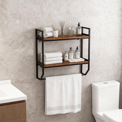 POWERSTONE 2-Tier Bathroom Towel Rack Industrial Wall Mounted Shelf with Towel Bar, Over The Toilet Storage Shelf with Metal Frame for Bathroom Kitchen Laundry Room Rustic Brown