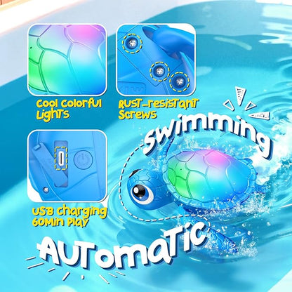 Electric Swimming Turtle Bath Toys - Automatic Swimming with Colorful LED Lights, Rechargeable & Auto Shut-Off, Water Pool Floating Toys for Toddlers Kids Ages 1-3 2-4 4-8