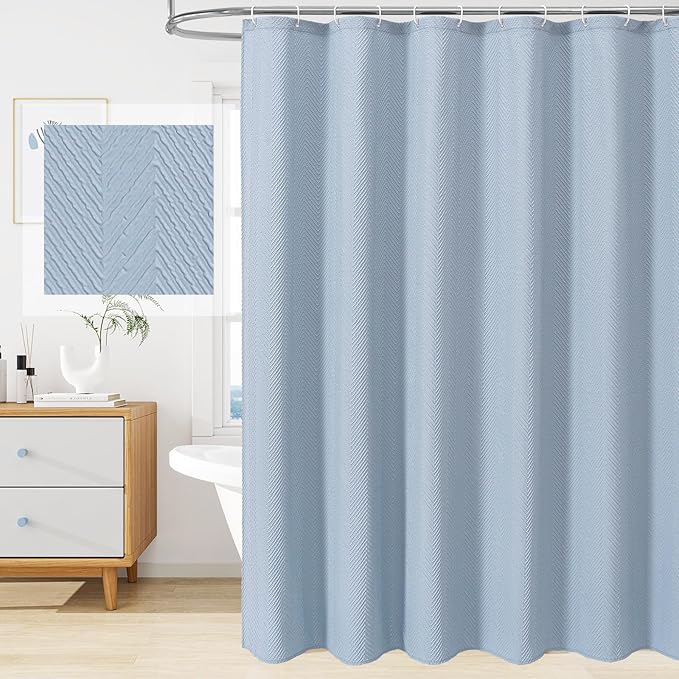 Gibelle Fog Blue Shower Curtain for Bathroom, 3D Embossed Textured Fabric Shower Curtain, Modern Farmhouse Chic Soft Cloth Shower Curtain Set with Hooks, 72x72