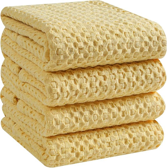 Native Fab 4-Pack Premium Waffle Kitchen Towels with Hanging Loop 16x26 inches, Soft Absorbent, Cotton Dish Towels for Cleaning Drying Dishes, Yellow