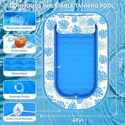 Inflatable Tanning Pool Lounger Float with Cervical Pillow - Pool Floats Adult for Sunbathing, Backyard, Pool Party - Inflate Ball Pit for Babies - Kids Swimming Pool Bed