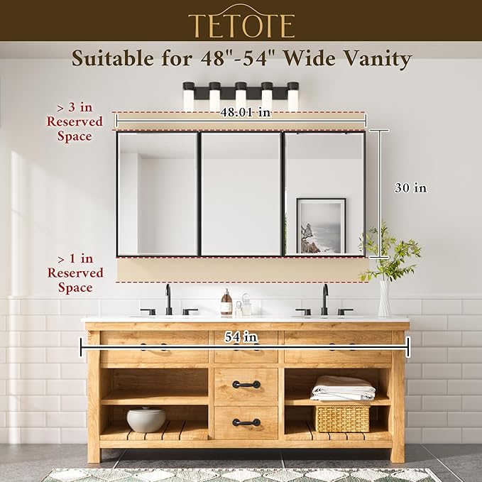 TETOTE 48" x 30" Medicine Cabinet Black Bathroom Mirror with Storage Beveled Aluminum Frame Stepless Adjustable Shelves, Wall-Mounted or Recessed
