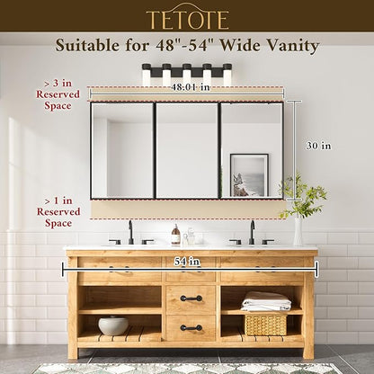 TETOTE 48" x 30" Medicine Cabinet Black Bathroom Mirror with Storage Beveled Aluminum Frame Stepless Adjustable Shelves, Wall-Mounted or Recessed