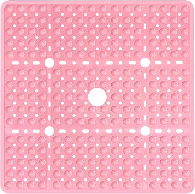 Large Pink Square Shower Mat Non Slip 27 x 27 Inch, Soft Bath Mat Bathtub Mat for Inside Shower Floor, Anti Slip Shower Stall Mats with Big Suction Cups Drain Hole, Easy Washable, BPA-Free