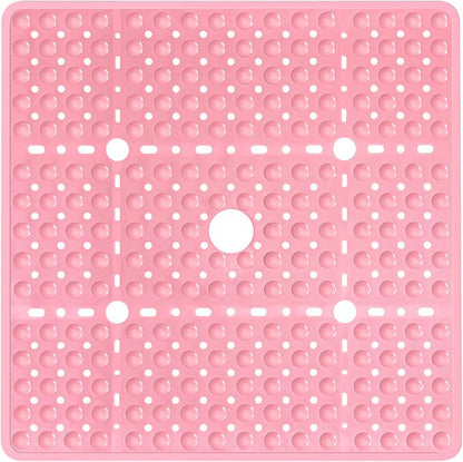Large Pink Square Shower Mat Non Slip 27 x 27 Inch, Soft Bath Mat Bathtub Mat for Inside Shower Floor, Anti Slip Shower Stall Mats with Big Suction Cups Drain Hole, Easy Washable, BPA-Free