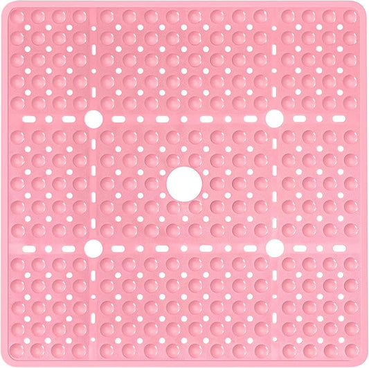 Large Pink Square Shower Mat Non Slip 27 x 27 Inch, Soft Bath Mat Bathtub Mat for Inside Shower Floor, Anti Slip Shower Stall Mats with Big Suction Cups Drain Hole, Easy Washable, BPA-Free