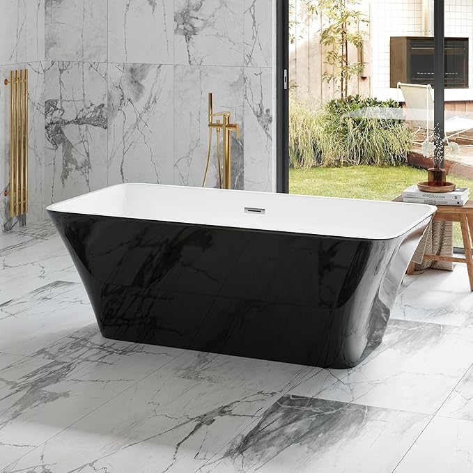 Freestanding Bathtub – 59 Inch Acrylic Soaking Bathtub, Black & White Free Standing Tub with Integrated Overflow & Pre-Installed Drain, Modern Freestanding Tub for Relaxing Home Bathrooms