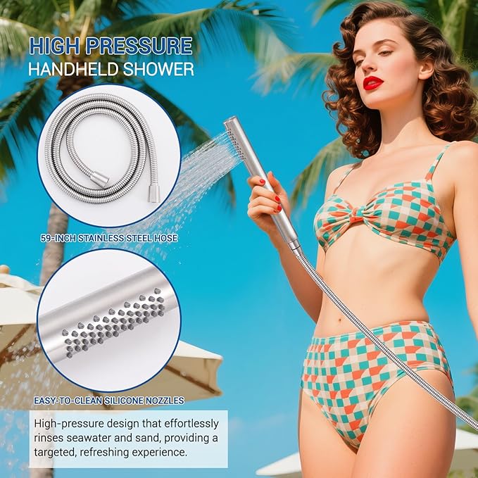 Freestanding Outdoor Shower Kit, 316 Marine Grade Stainless Steel Outside Shower System for Backyard, Pool, Beach, Outdoor Shower Fixtures with Rain Shower Head & Handheld, Brushed Nickel
