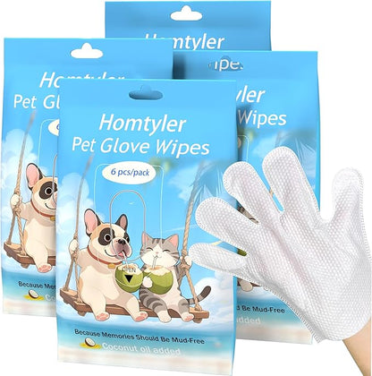 Dog Wipes Cleaning Deodorizing & Washing Gloves for Pets,Glove Wipes Pro for Dogs & Cats with Coconut Oil, Extra-Thick,Lick-Safe for Paws,Eyes,Ears&Body,Rinse-Free Waterless Bath, 4Pack,24PCS
