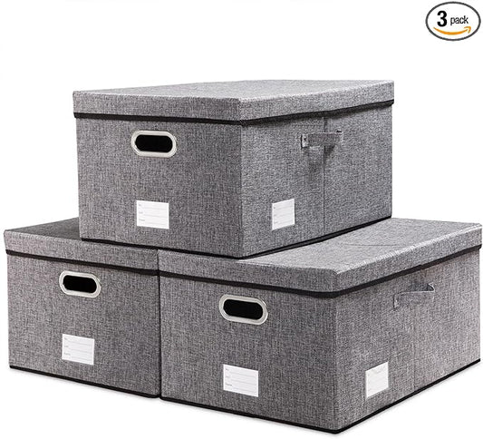 PRANDOM Storage Bins with Lids [3-Pack] Linen Fabric Foldable Storage Boxes Organizer Containers Baskets Cube with Cover Grey(23.4X15.9X11.4)