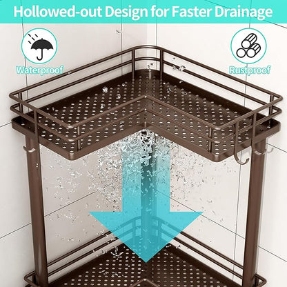 HapiRm Corner Shower Caddy Standing - 3 Tier Shower Organizer Corner with Soap Holder, Rustproof Bathroom Standing Organizer with 4 Hooks, Bronze