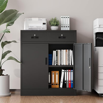 Metal Storage Cabinet with 2 Drawers and Shelves,36"H Locking Kitchen Storage Cabinets,Adjustable Shelf File Cabinet with Doors for Home Office, Garage,Laundry Room,Basement,Utility Room-Black