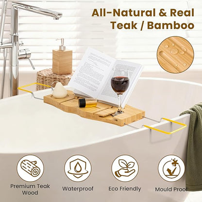 Bamboo Bathtub Tray Expandable Bathroom Tray for Home Spa Relaxation, Wooden Tray Caddy for Bathtub, Bamboo Bathtub Caddy as Unique Housewarming, Birthday, Wedding Shower Gifts.