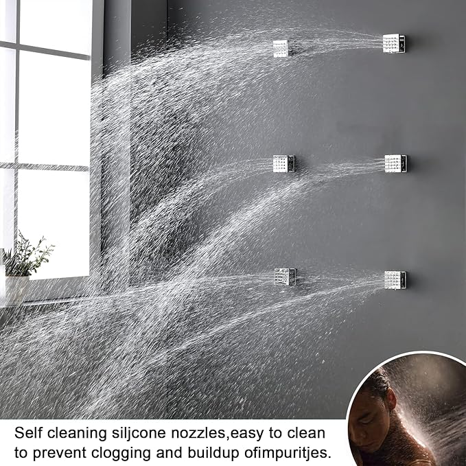 Thermostatic Shower Faucet Set Polished Chrome Rain Shower System with Tub Spout, 12 Inch Ceiling Mounted LED Shower Head and Handheld Spray, 6 PCS Body Jets, 4 Way Brass Shower Vlave