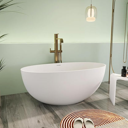 55" Premium Solid Surface Freestanding Bathtub, Upgraded Oval Stone Resin Tub with Overflow and Pop-up Drain, Matte White