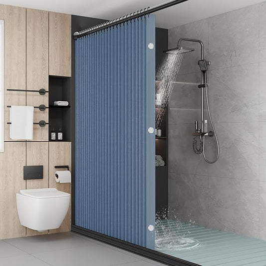 Bathroom Magnetic Folding Shower Curtain, Accordion-Style Shower Curtain, Suitable for Shower Rooms, bathtubs, Hotels or Apartments (Blue, W:70*H79.5Inch)