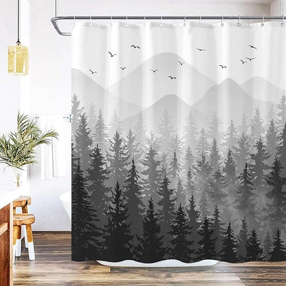 Aipon Black Misty Forest Shower Curtain Gray Ombre Nature Tree Plants Shower Curtains Fabric Waterproof Mountain Shower Curtain Sets for Bathroom Bath Decor with 12 Hooks (Black, 72'' × 78'')