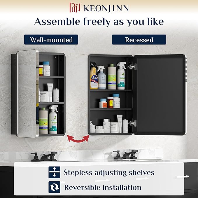 Keonjinn 60 x 32 Inch Large Chrome Medicine Cabinets, Recessed Bathroom Medicine Cabinet, Elegant Silver Stainless Steel Framed, Sturdy & Heavy, Adjustable Shelves, DTC Hinges, Soft Closing, Modern