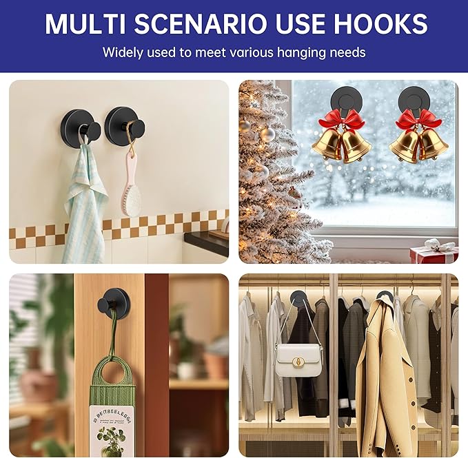 luckin smile Suction Cup Hooks for Shower, No-Drill Removable Towel Hook for Bathrooms, Shower Hooks, Suitable for Bathrooms, Kitchens, Windows, Glass, Powerful Suction Cup Hook (2, Black)
