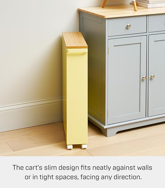 YAMAZAKI Home Slim Rolling Storage Cart – Narrow Bathroom Storage Cabinet with Handle, Slim Bathroom Storage Cart with Wheels, Easy Assembly, Steel + Wood, Yellow, 27" - Steel -