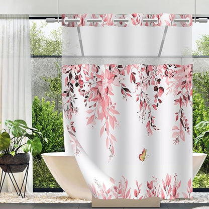 No Hook Shower Curtain and Liner Set, Pink Eucalyptus Floral Shower Curtains for Bathroom, Bath Curtain Sets with Snap in Liner, Waterproof with See Through Top Window, 71x84 Inches