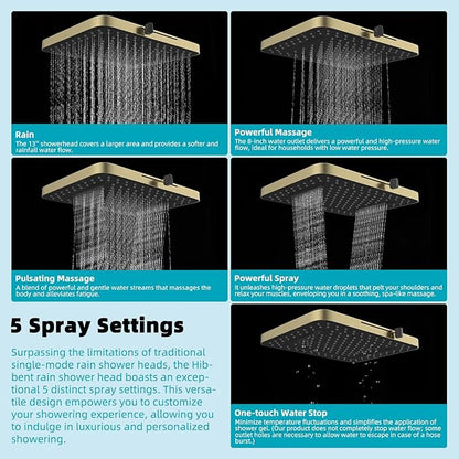 Hibbent 5 Spray Modes Shower Head, 13'' High Pressure Rain Shower Head, Large Rainfall Showerhead for Bathroom, High Flow Waterfall Fixed Showerheads with Adjustable Swivel Ball Joint, Brushed Gold